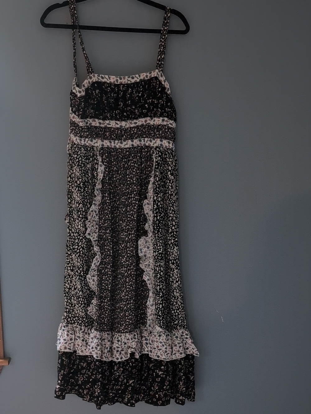 Free People Black and Cream Floral Maxi Dress with Ruffle Panels